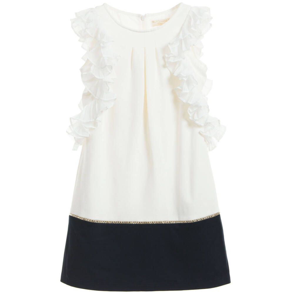Monnalisa Chic-Ivory Jersey Dress with Ruffle Chiffon Sleeves | Childrensalon Outlet