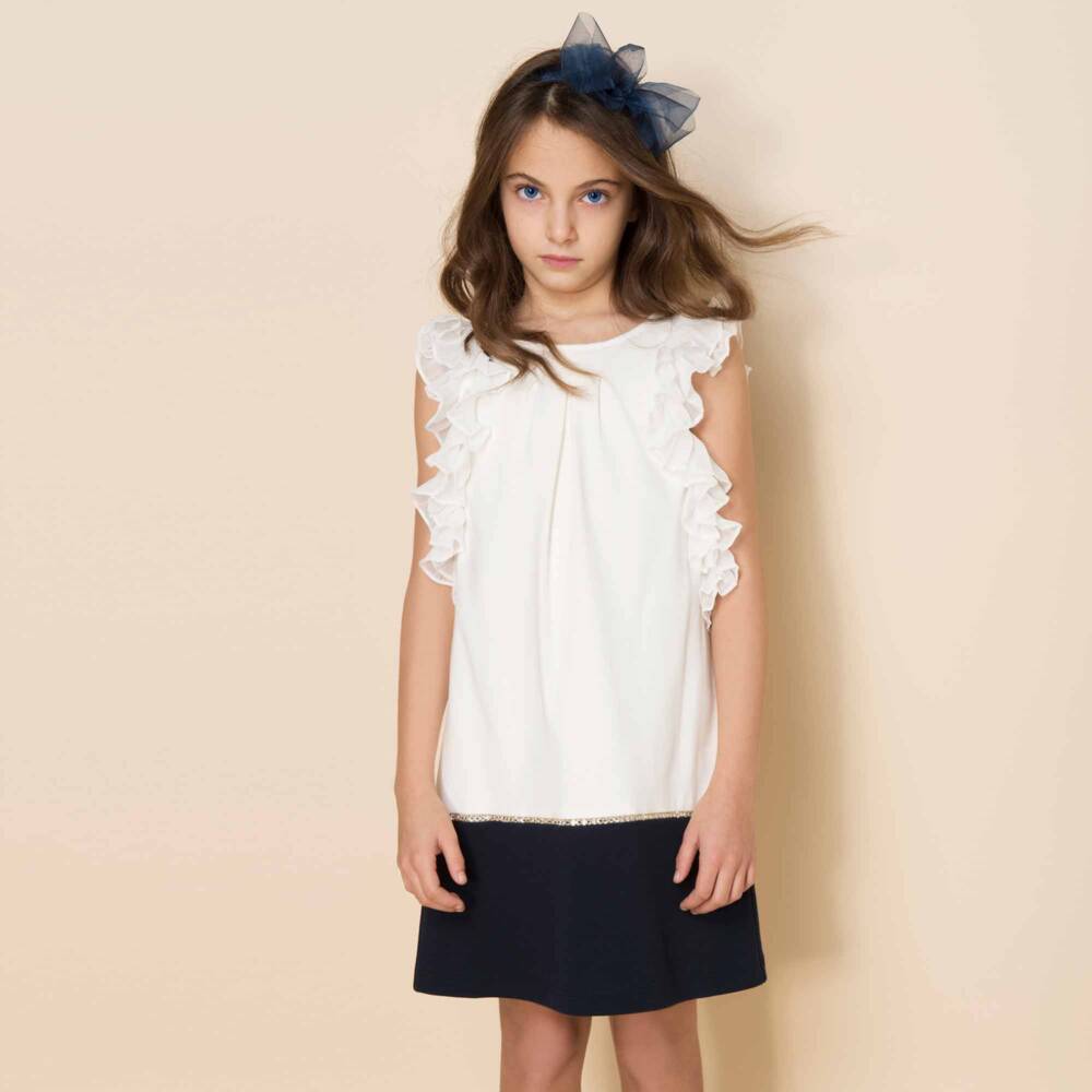 Monnalisa Chic-Ivory Jersey Dress with Ruffle Chiffon Sleeves | Childrensalon Outlet