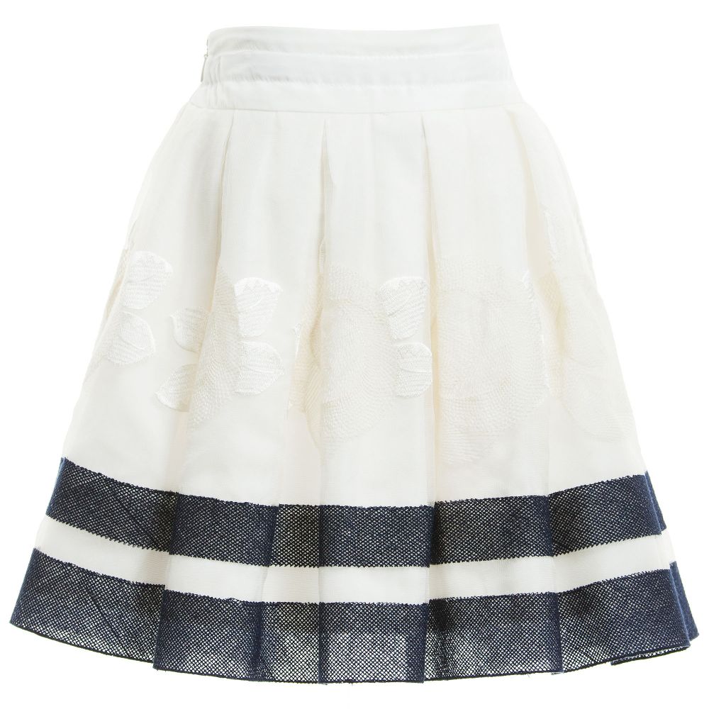 Monnalisa Chic-تنورة مطروزة من الحرير بلون أزرق داكن و عاجي | Childrensalon Outlet