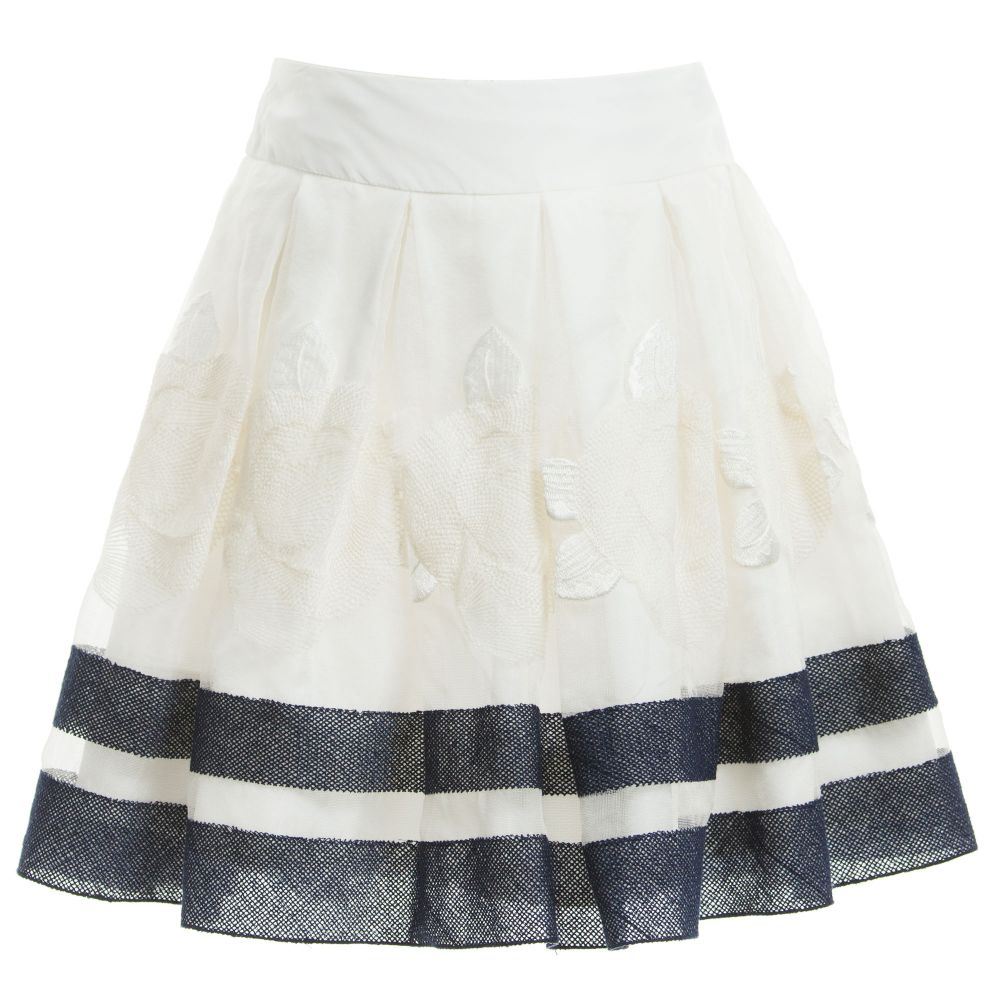 Monnalisa Chic-Ivory & Navy Blue Embroidered Silk Skirt | Childrensalon Outlet