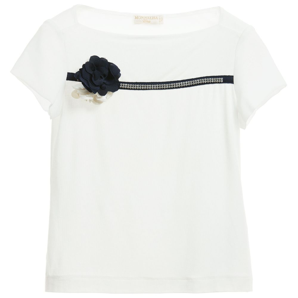 Monnalisa Chic - Ivory & Navy Blue T-Shirt with Corsage | Childrensalon