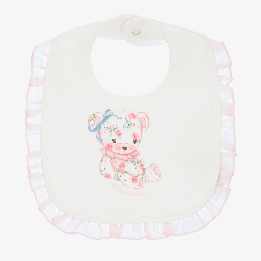 Monnalisa - Ivory & Pink Cotton Teddy Bib | Childrensalon