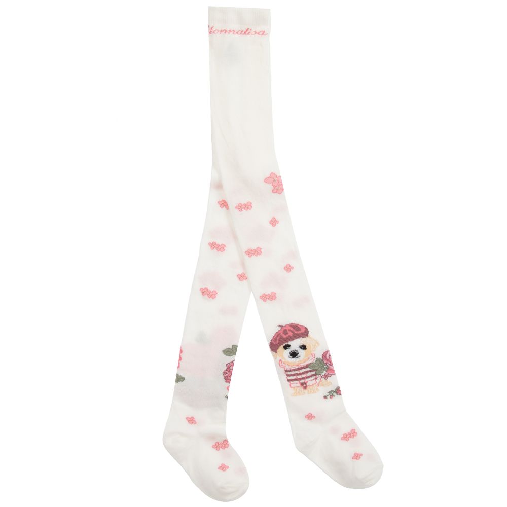 Monnalisa - Ivory & Pink Cotton Tights | Childrensalon