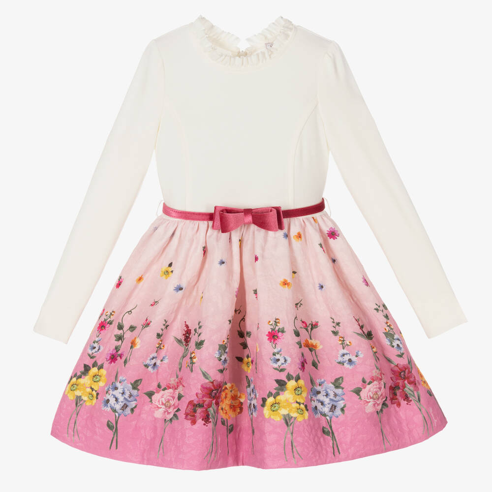 Monnalisa-Кремово-розовое платье с цветами | Childrensalon Outlet