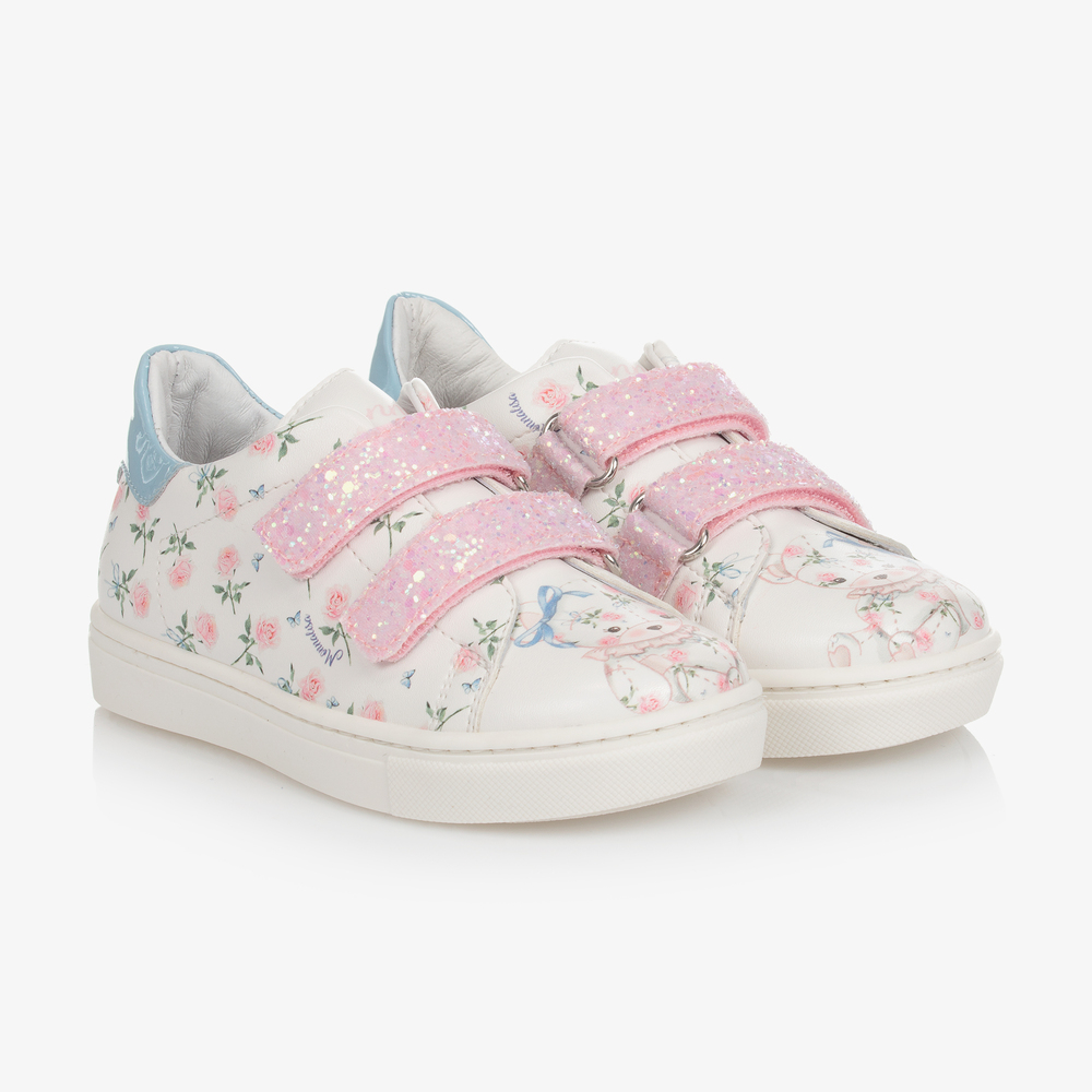 Monnalisa - Ivory & Pink Floral Trainers | Childrensalon