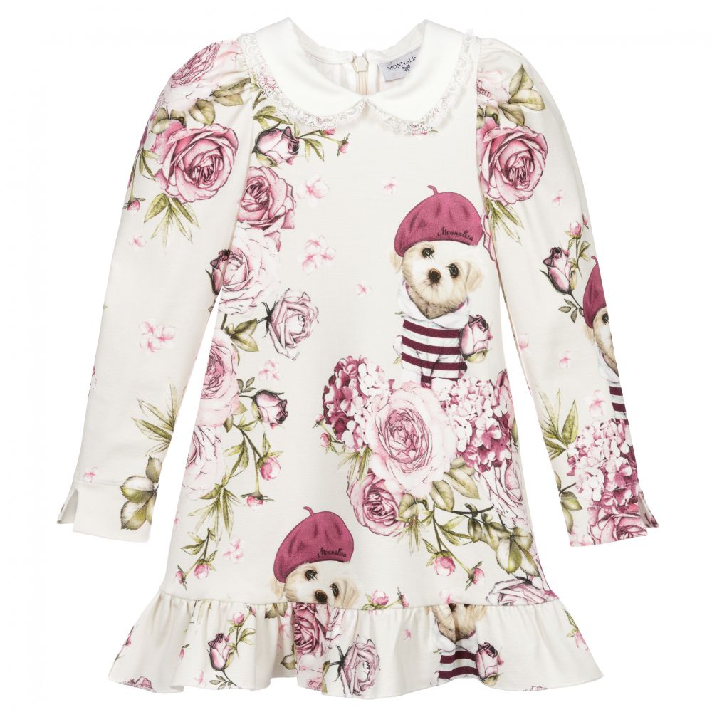 Monnalisa-Платье из джерси цвета слоновой кости с розовыми розами | Childrensalon Outlet