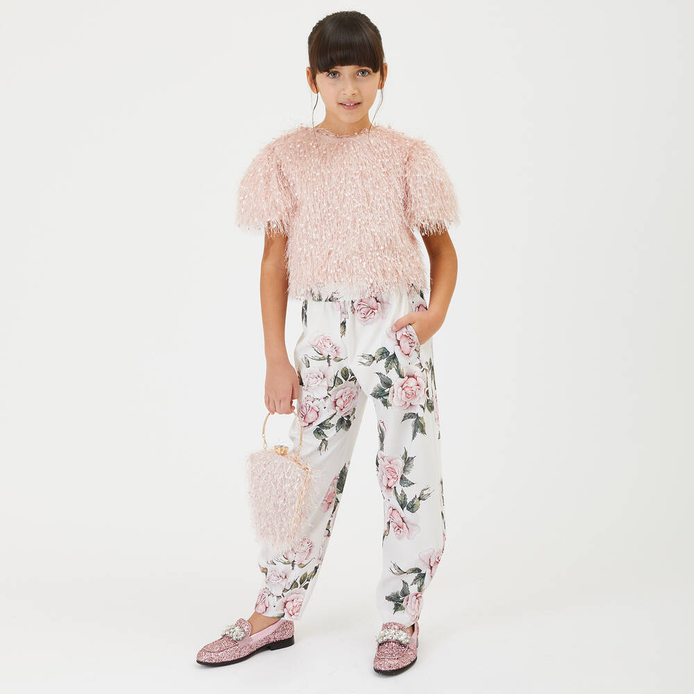 Monnalisa Шик-Кремовые брюки с розовыми розами | Childrensalon Outlet