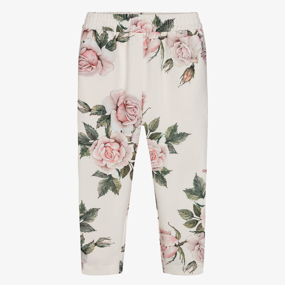 Monnalisa Chic - Ivory & Pink Roses Trousers | Childrensalon