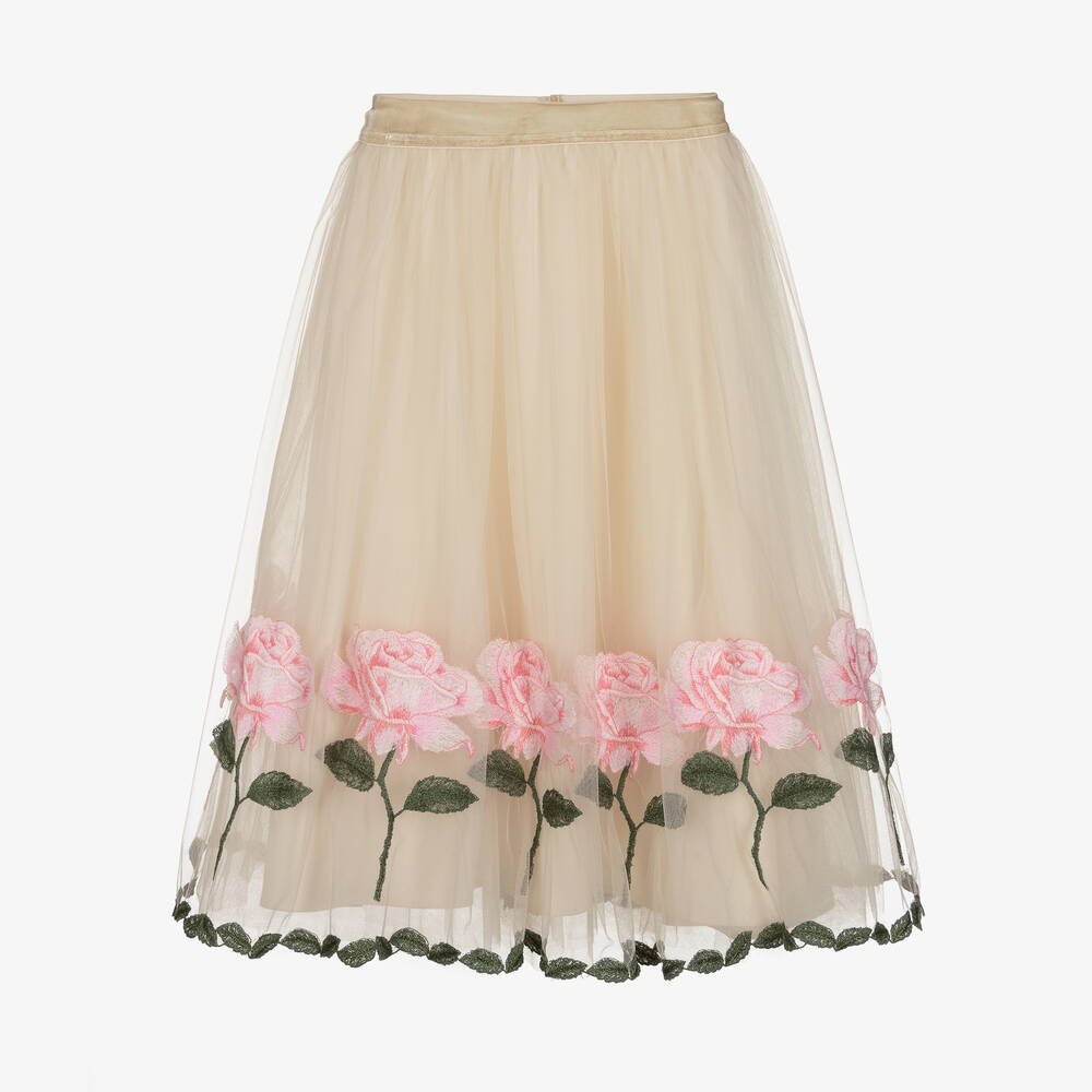 Monnalisa Chic - Ivory & Pink Roses Tulle Skirt | Childrensalon