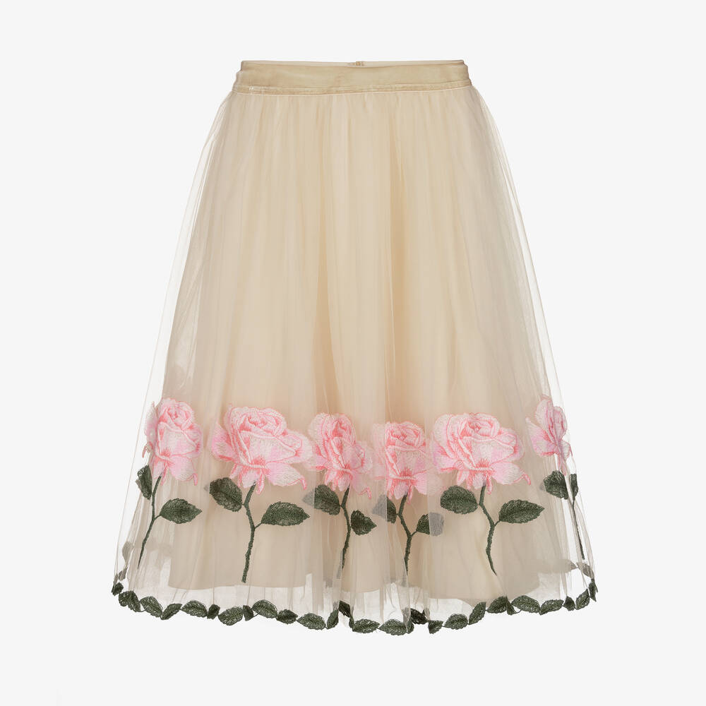 Monnalisa Шик-Кремовая юбка из тюля с розовыми розами | Childrensalon Outlet