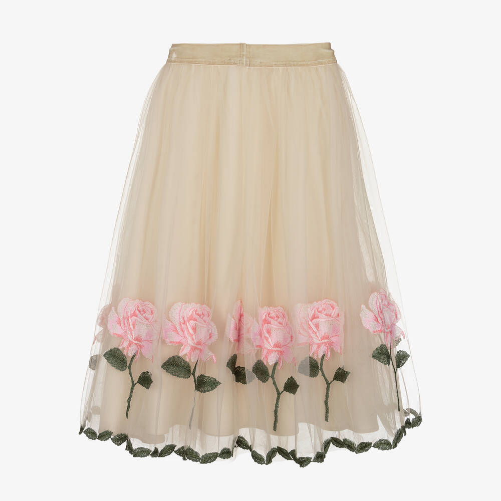 Monnalisa Шик-Кремовая юбка из тюля с розовыми розами | Childrensalon Outlet