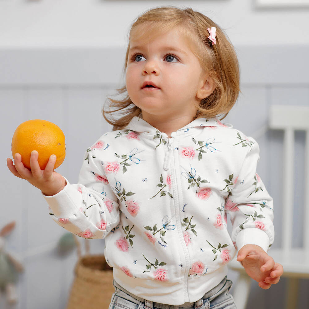 Monnalisa-Ivory & Pink Roses Zip-Up Top | Childrensalon Outlet