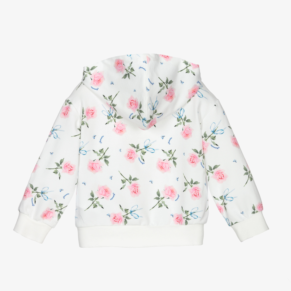 Monnalisa-Ivory & Pink Roses Zip-Up Top | Childrensalon Outlet