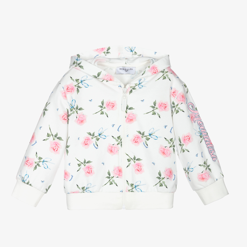 Monnalisa - Ivory & Pink Roses Zip-Up Top | Childrensalon