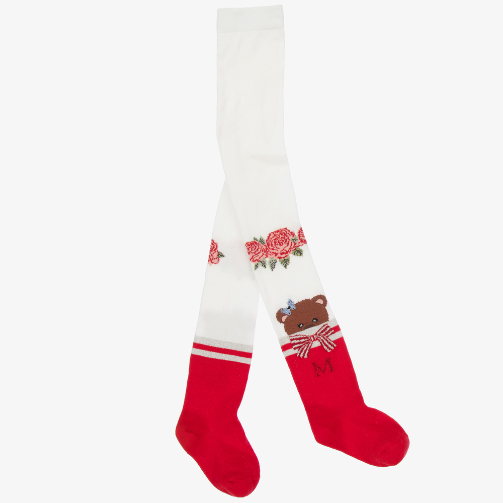 Monnalisa - Ivory & Red Cotton Tights | Childrensalon