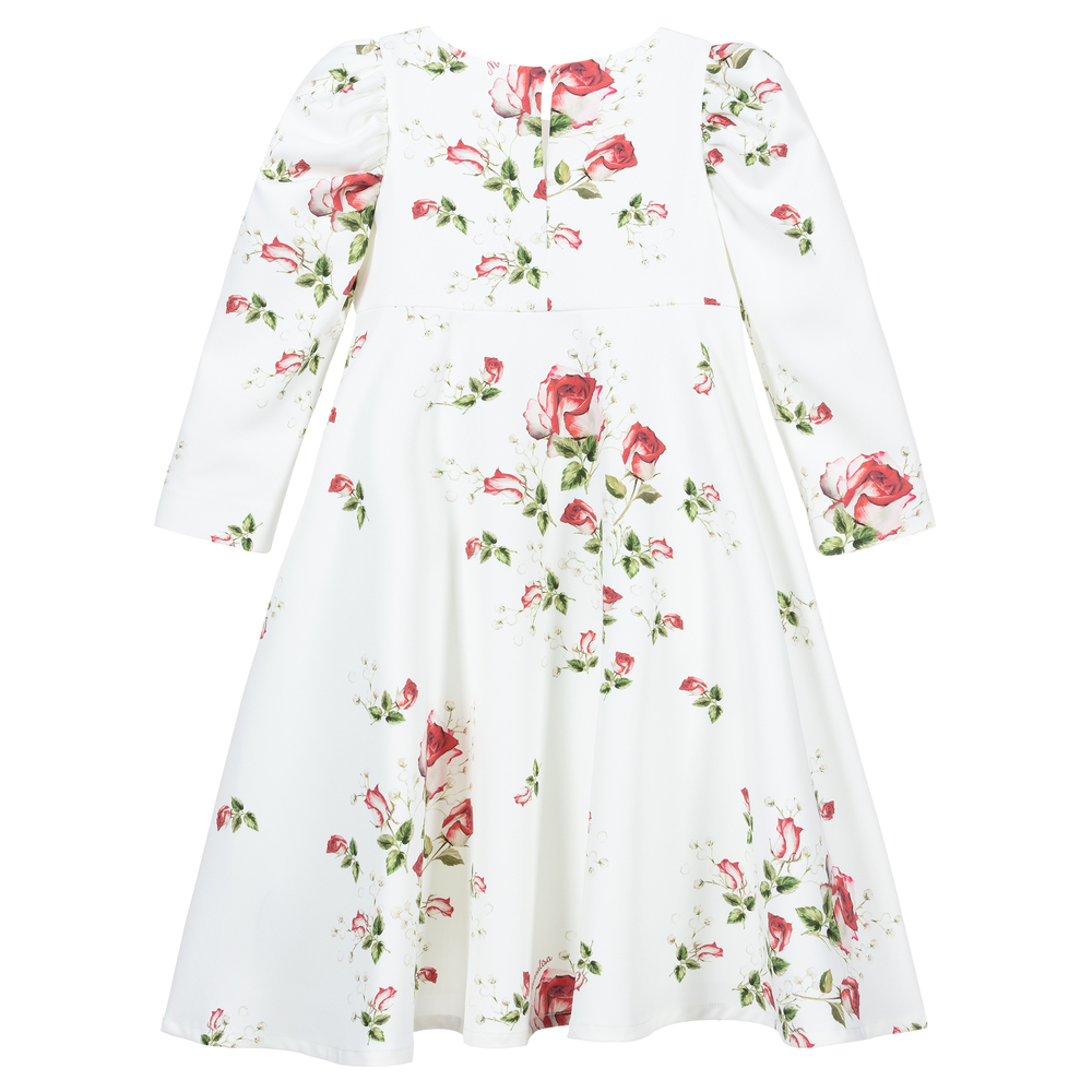 Monnalisa Chic-Ivory & Red Roses Crêpe Dress | Childrensalon Outlet