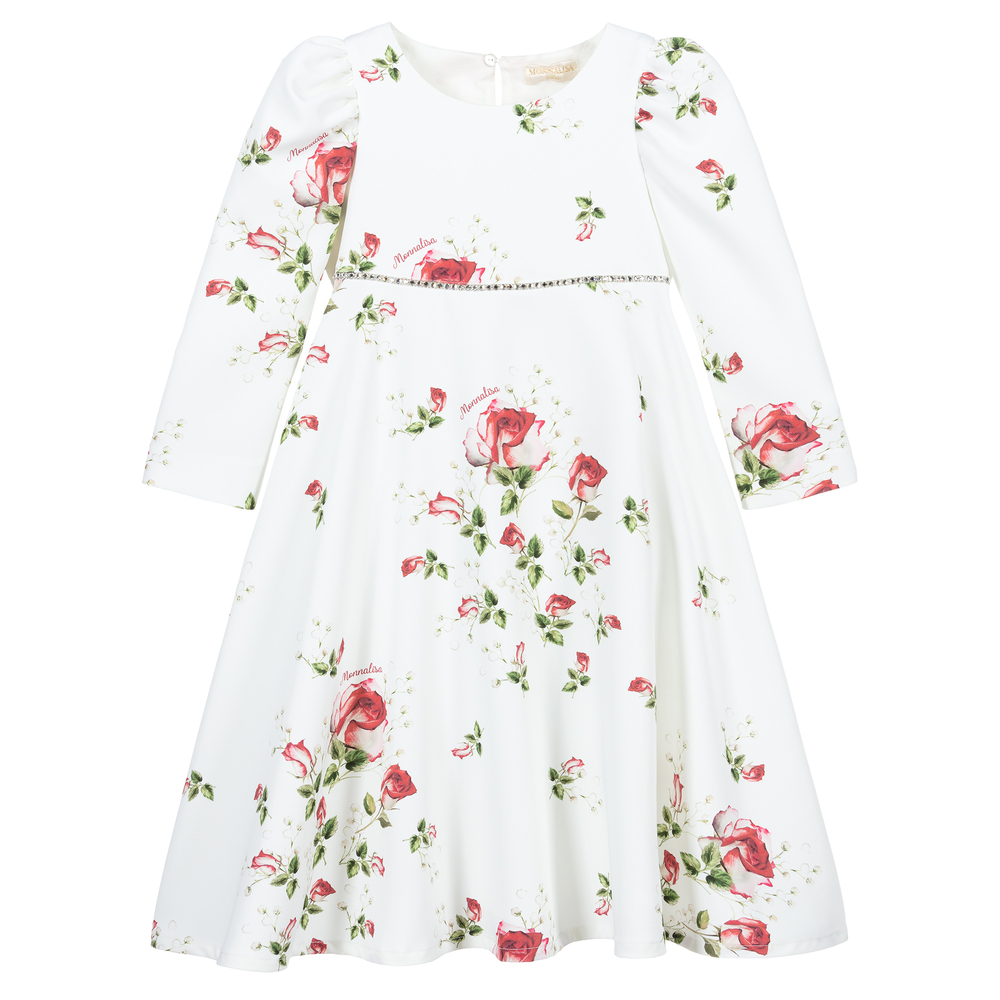 Monnalisa Chic-Ivory & Red Roses Crêpe Dress | Childrensalon Outlet