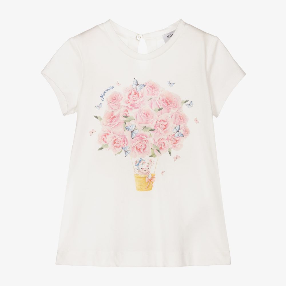 Monnalisa - Ivory Rose Teddy T-Shirt  | Childrensalon