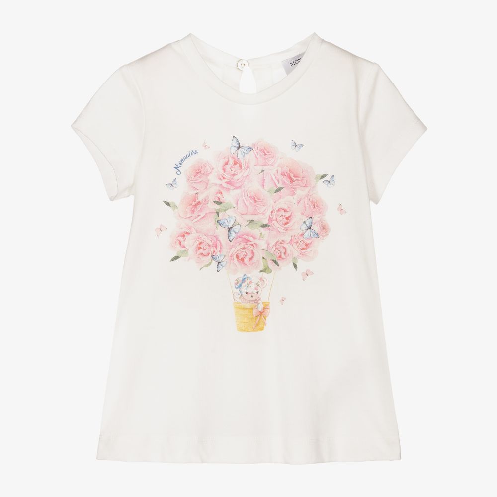 Monnalisa - Elfenbeinfarbenes Teddy-T-Shirt mit Rosen  | Childrensalon