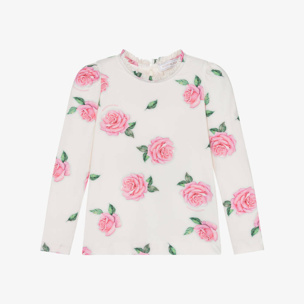 Monnalisa-Ivory Roses Ls T-shirt | Childrensalon Outlet