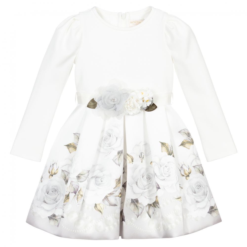 Monnalisa - Robe ivoire en satin motifs roses | Childrensalon