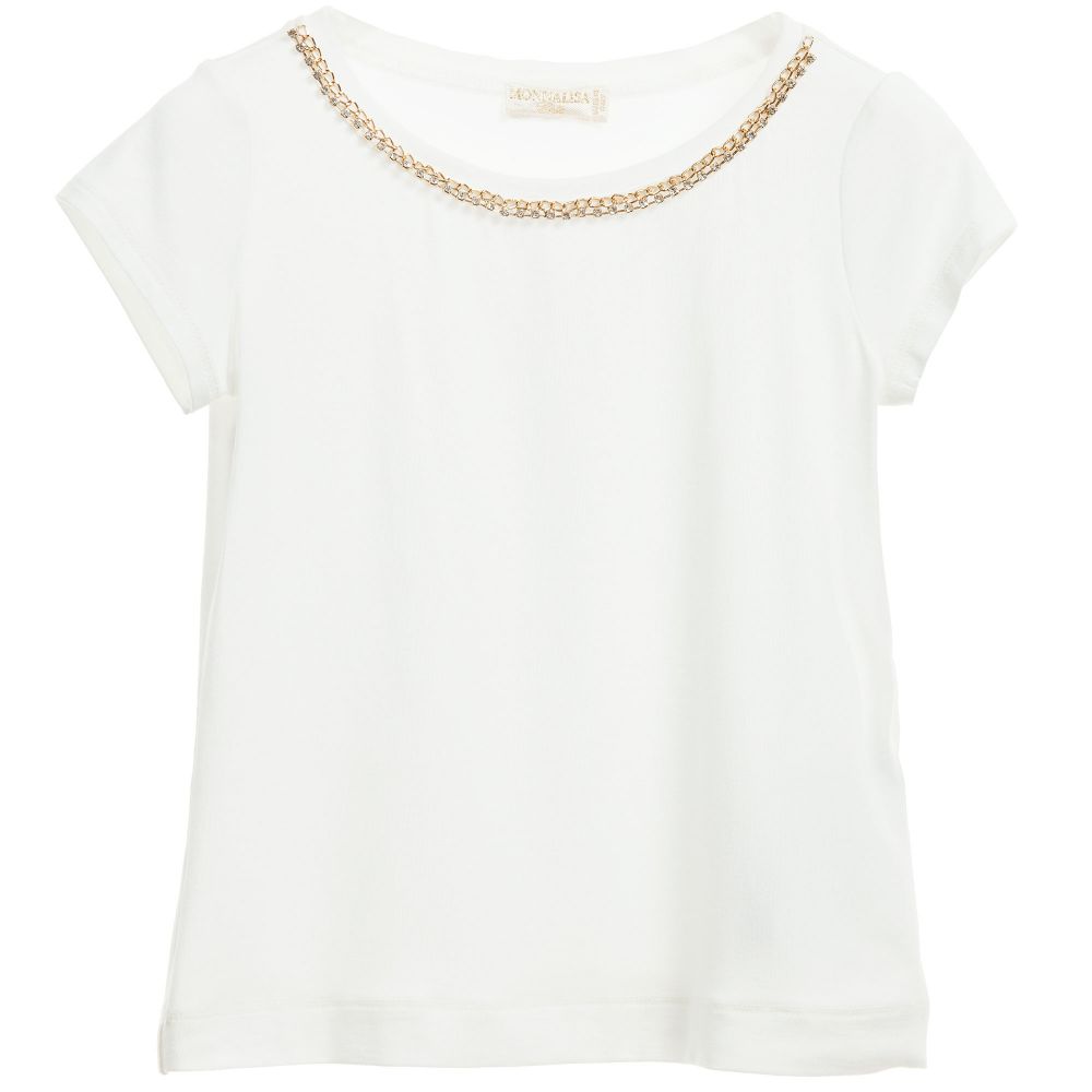 Monnalisa Chic-Ivory T-Shirt with Flower Brooch | Childrensalon Outlet