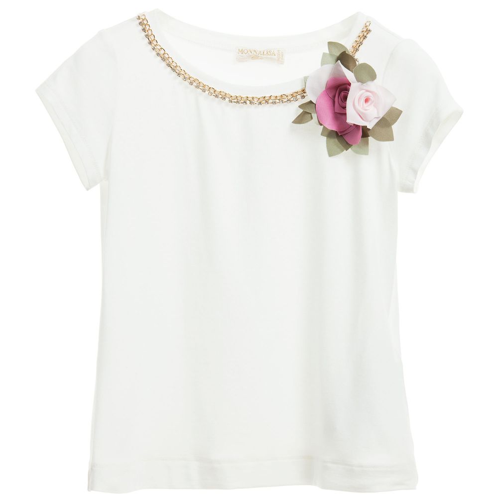 Monnalisa Chic-Ivory T-Shirt with Flower Brooch | Childrensalon Outlet