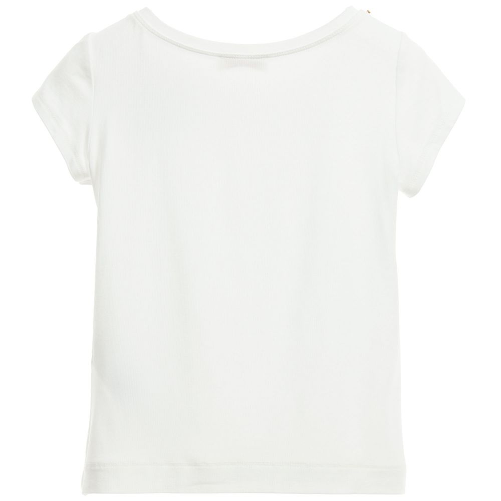 Monnalisa Chic-Ivory T-Shirt with Flower Brooch | Childrensalon Outlet