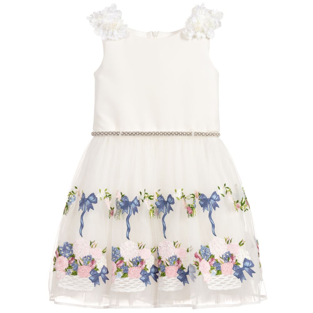 Monnalisa Chic-Ivory Tulle Floral Dress | Childrensalon Outlet