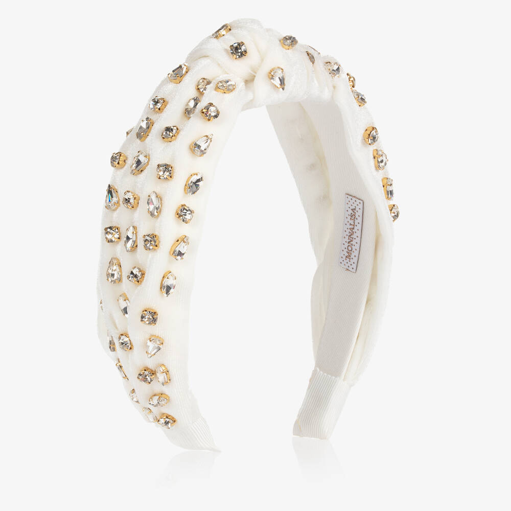 Monnalisa-Ivory Velvet Rhinestone Hairband | Childrensalon Outlet