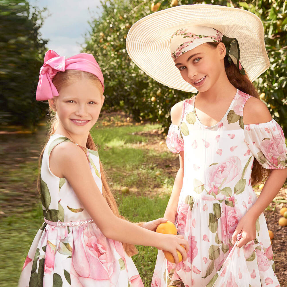 Monnalisa Chic Long Pink Roses Chiffon Dress Childrensalon Outlet