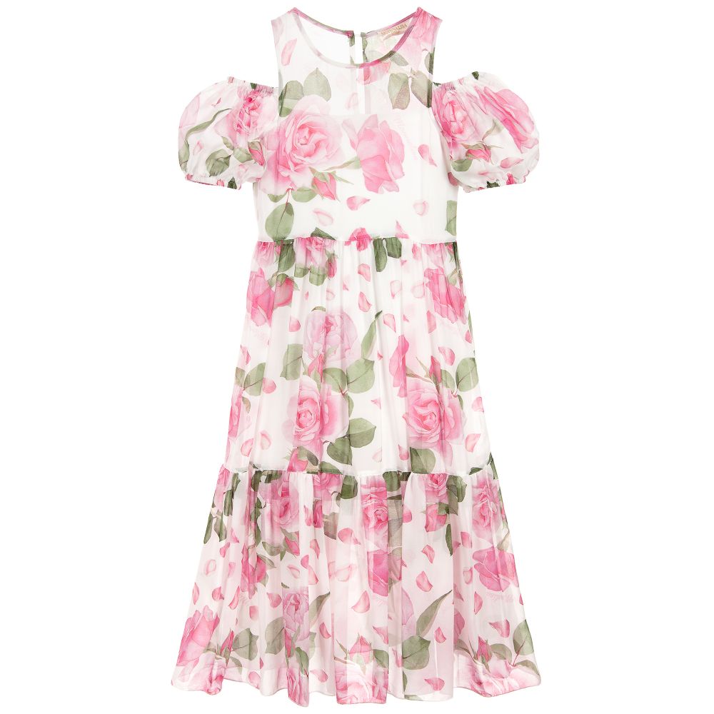 Monnalisa Chic -  Long Pink Roses Chiffon Dress | Childrensalon