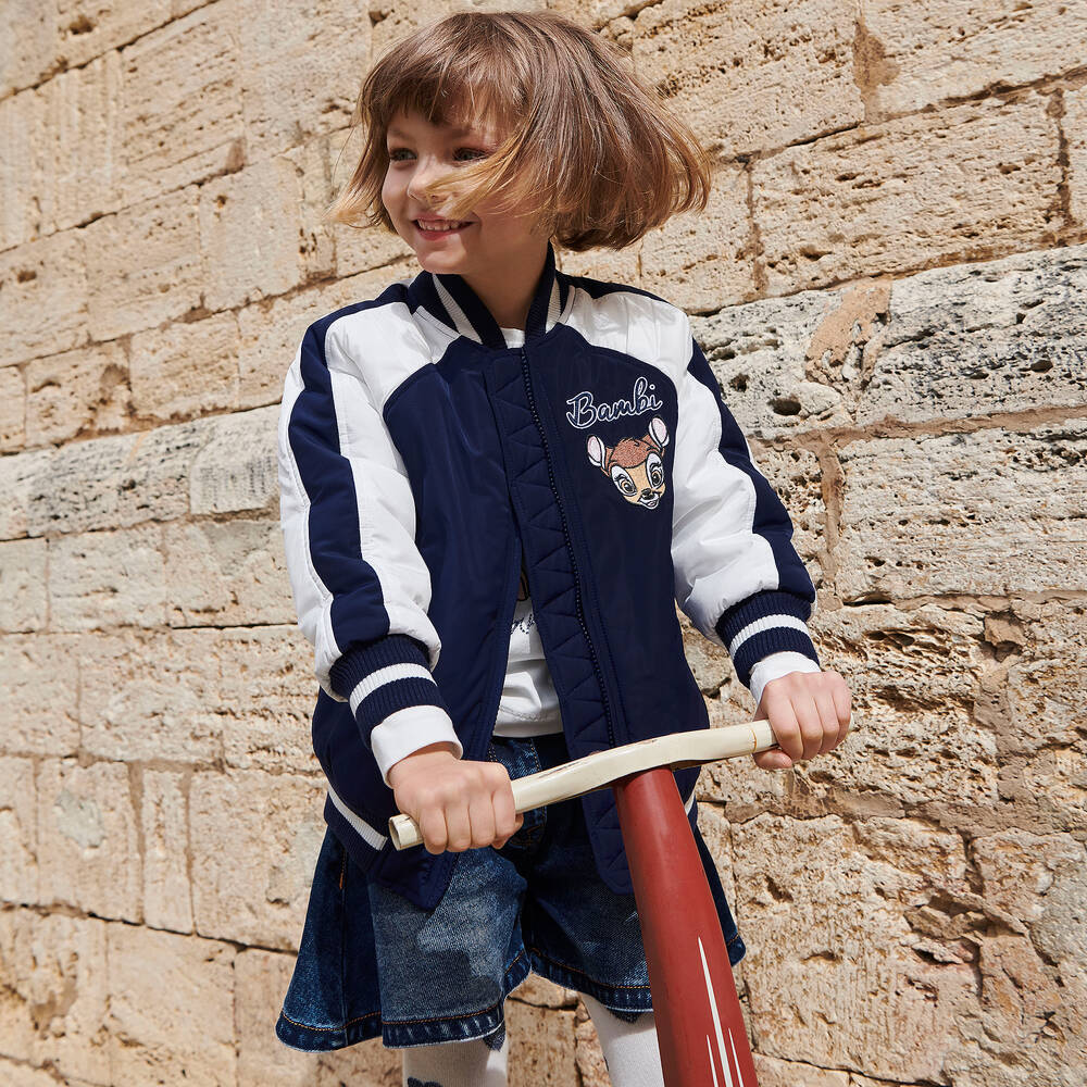 Monnalisa-جاكيت بومبر لون كحلي وأبيض للبنات | Childrensalon Outlet