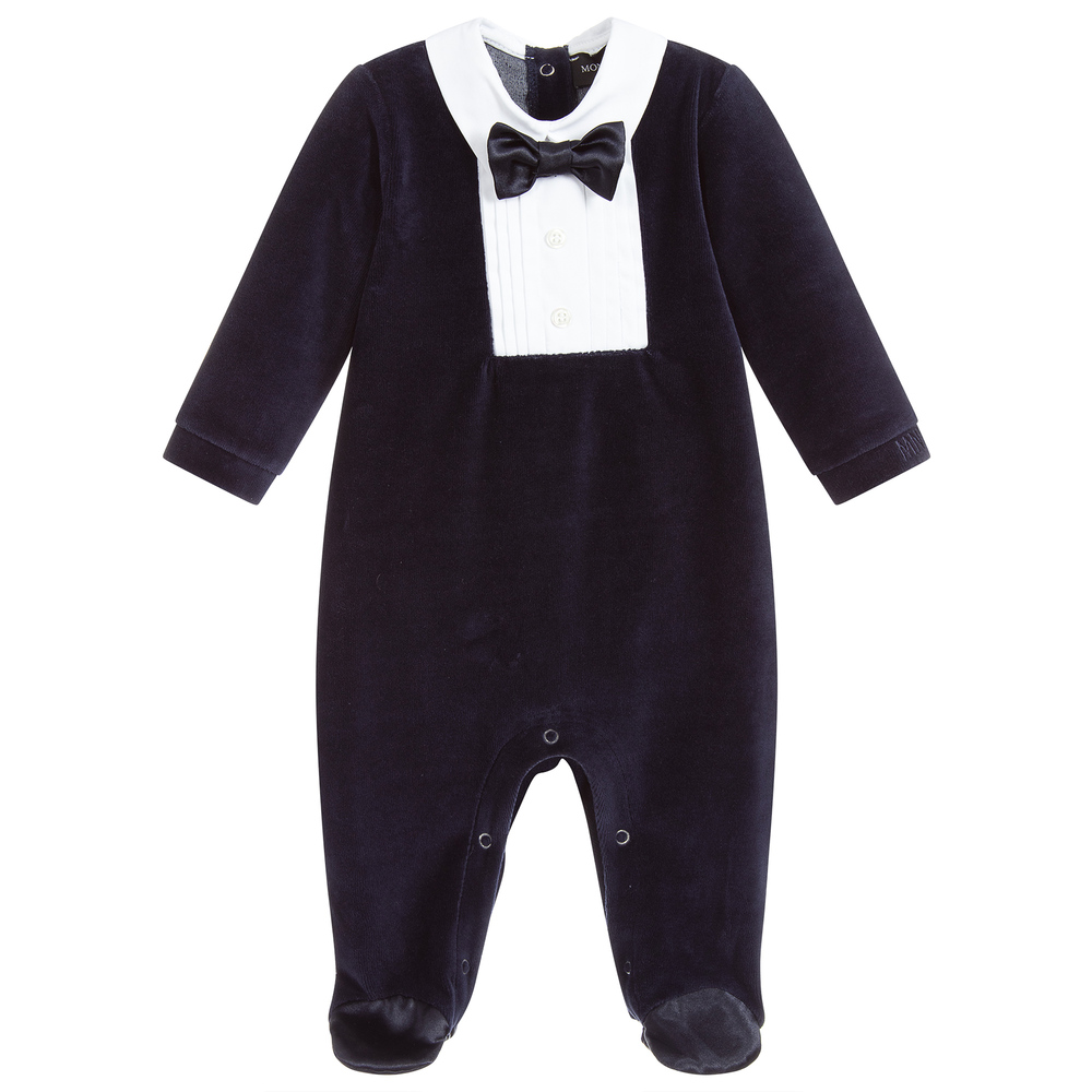 Monnalisa - Navy Blue Velvet Babygrow | Childrensalon