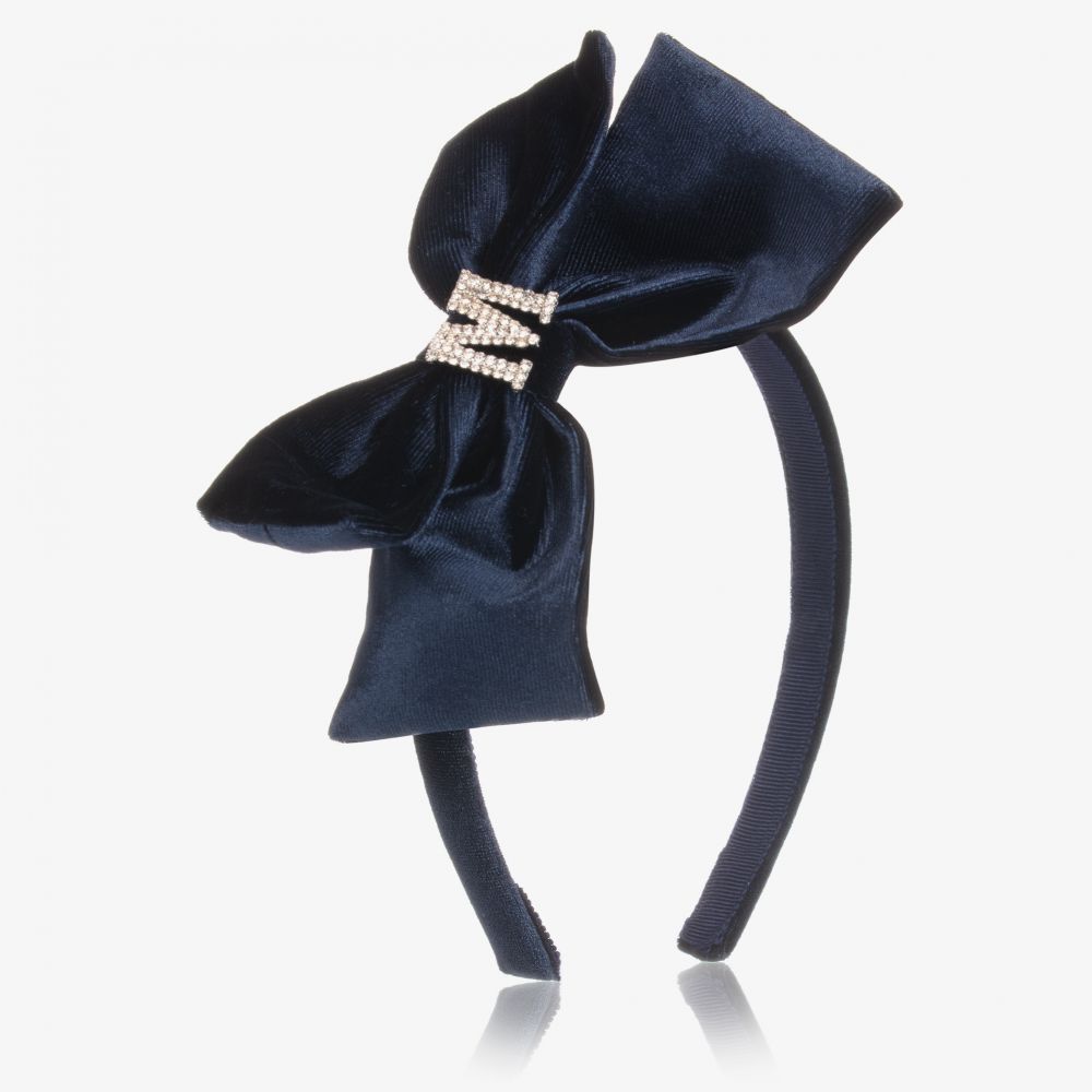 Monnalisa-Navy Blue Velvet Bow Hairband | Childrensalon Outlet