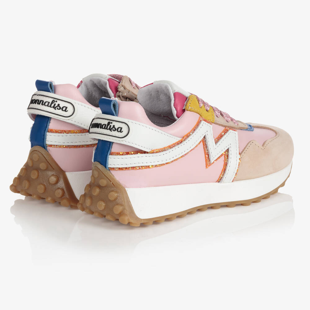 Monnalisa-Pink & Beige Leather Trainers | Childrensalon Outlet