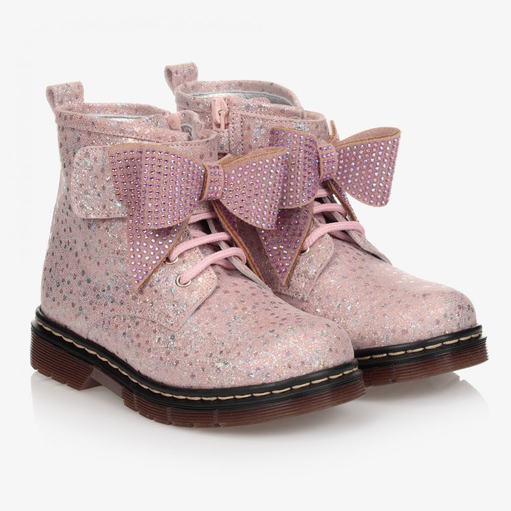 Monnalisa - Розовые кожаные ботинки с бантиками | Childrensalon