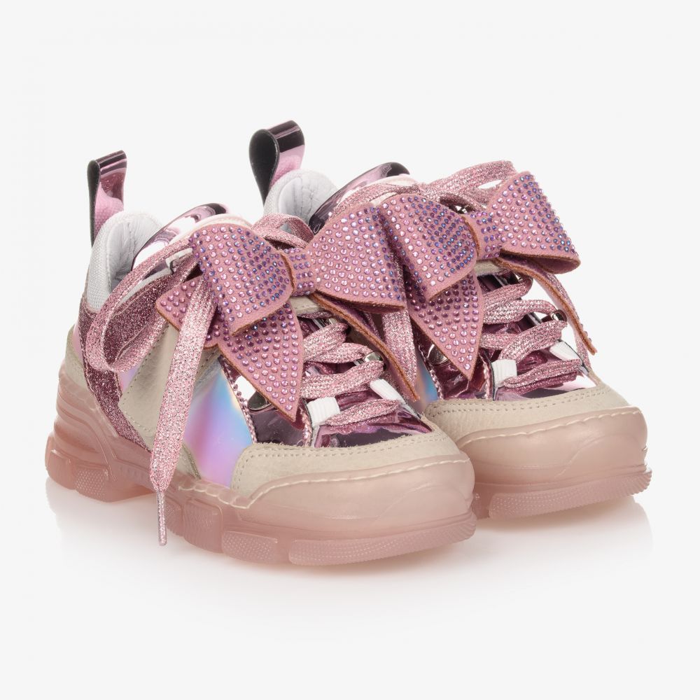 Monnalisa - Pink Bow Leather Trainers | Childrensalon