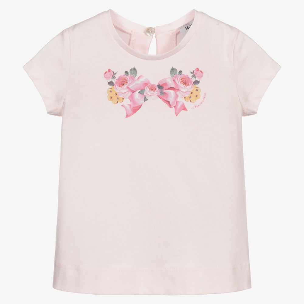 Monnalisa - Pink Cotton Bow Print T-Shirt | Childrensalon