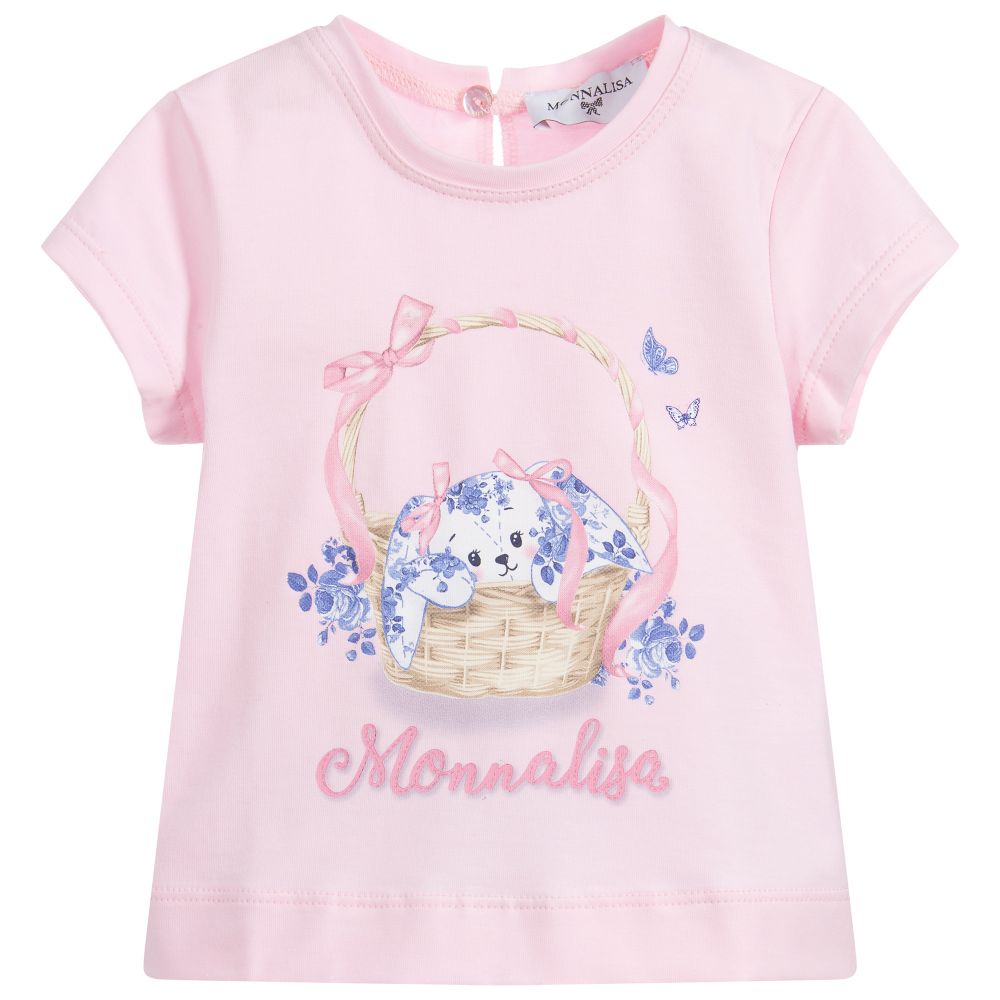 Monnalisa - Pink Cotton Bunny T-Shirt  | Childrensalon
