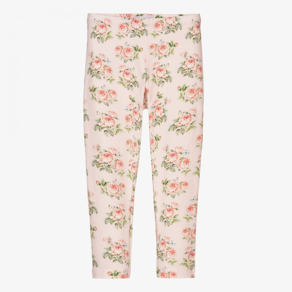 Monnalisa - Pink Cotton Floral Leggings | Childrensalon
