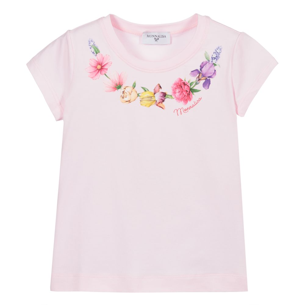 Monnalisa - Розовая хлопковая футболка с цветочным рисунком | Childrensalon