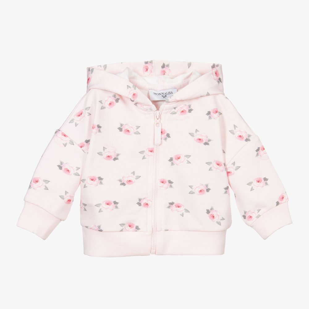Monnalisa - Pink Cotton Hooded Zip-Up Top | Childrensalon