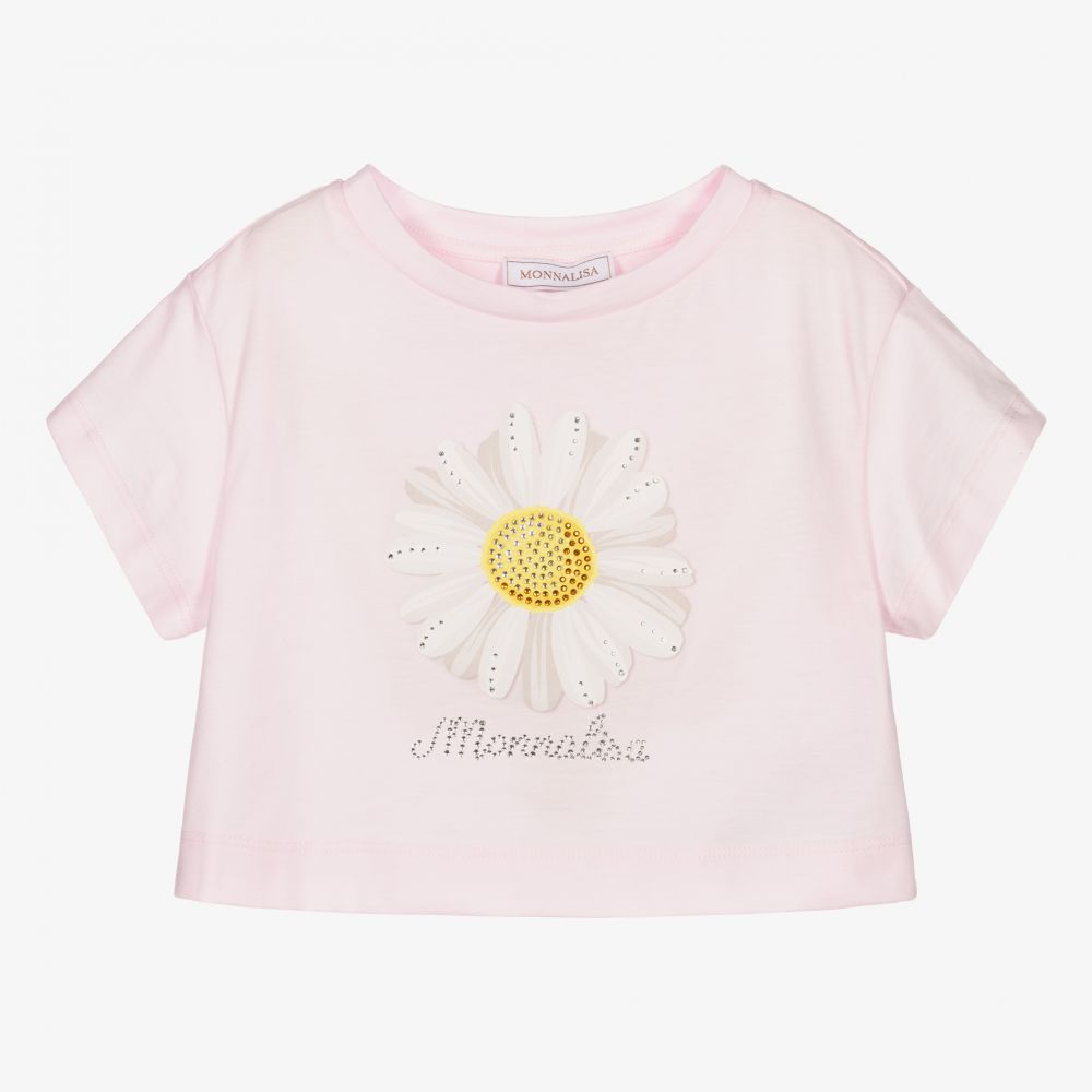 Monnalisa - Розовая укороченная футболка с ромашкой | Childrensalon