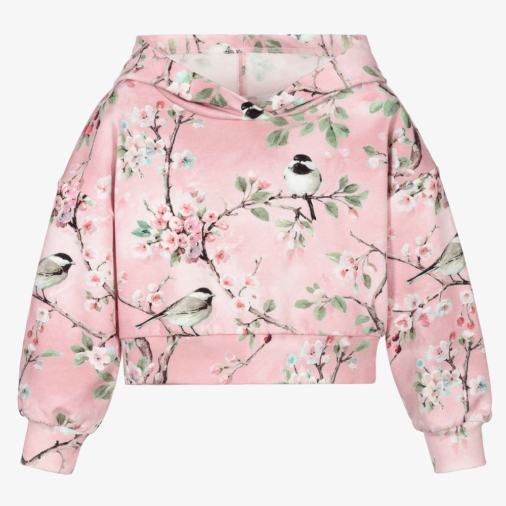 Monnalisa - Rosa, kurzer Kapuzenpulli mit Blumen | Childrensalon