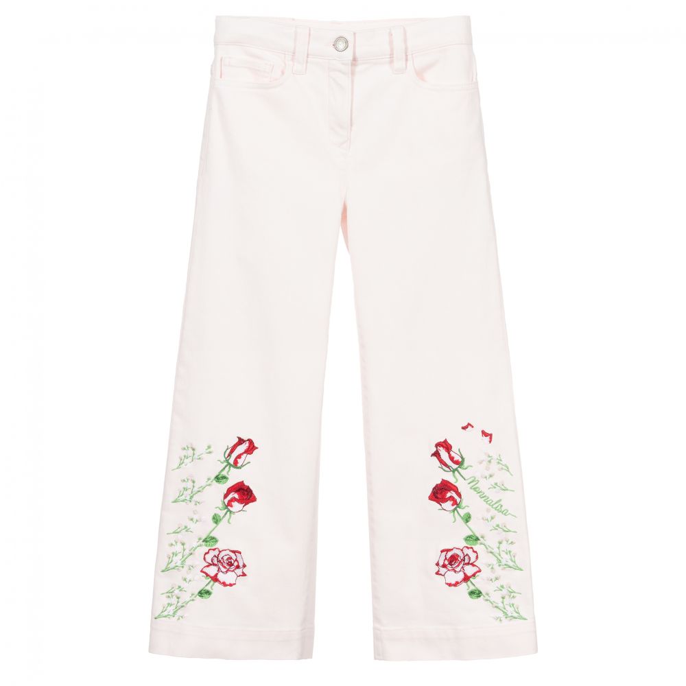 Monnalisa Chic - Pink Floral Denim Jeans | Childrensalon
