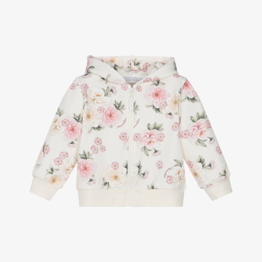 Monnalisa-Pink Floral Zip Up Hoodie | Childrensalon Outlet