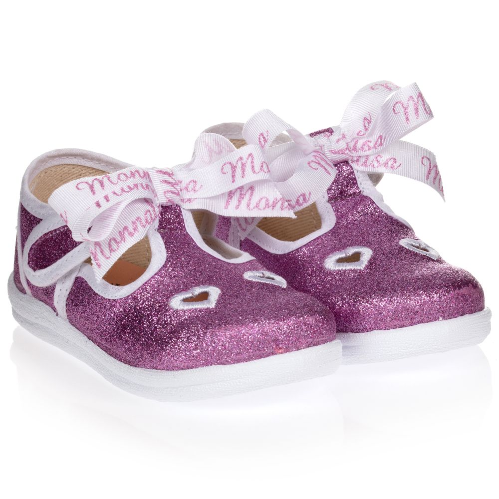 Monnalisa - Розовые туфли из парусины с блестками и бантиками | Childrensalon