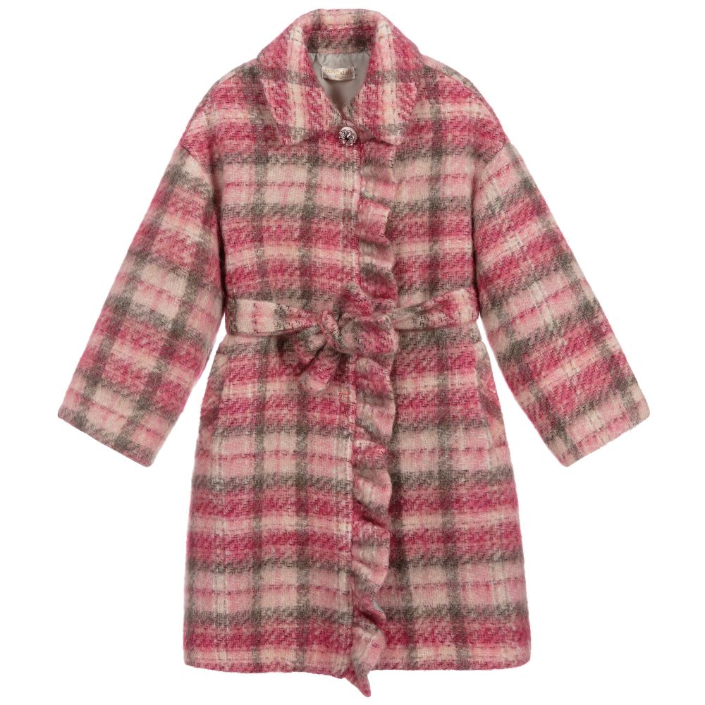 Monnalisa Chic - Pink & Grey Check Coat  | Childrensalon