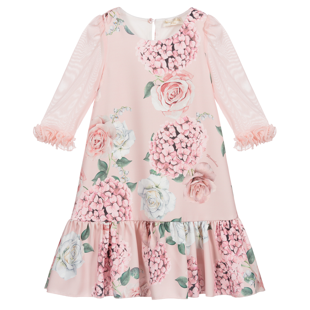 Monnalisa Chic - Платье цвета слоновой кости и розового цвета с гортензиями | Childrensalon